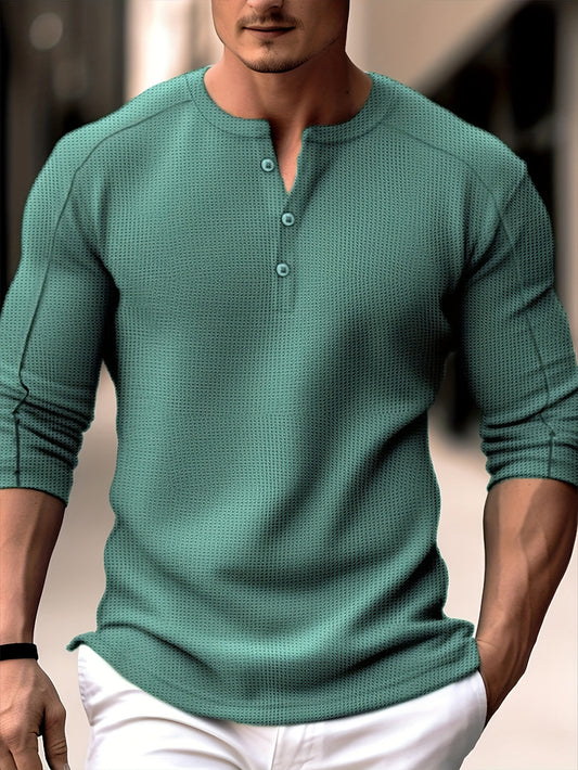 Herren Premium Waffelstrick-Henley-Shirt mit langen Ärmeln