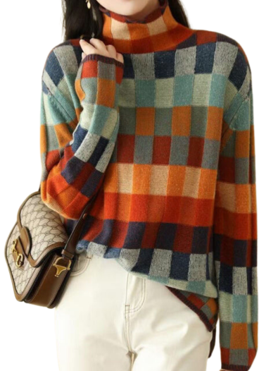 Vibrant Plaid Pullover mit Rollkragen für Frauen