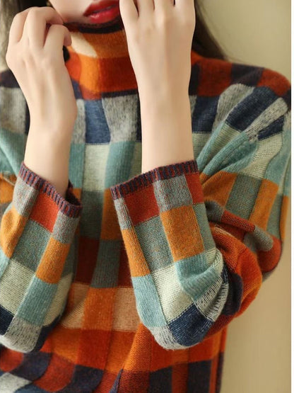 Vibrant Plaid Pullover mit Rollkragen für Frauen