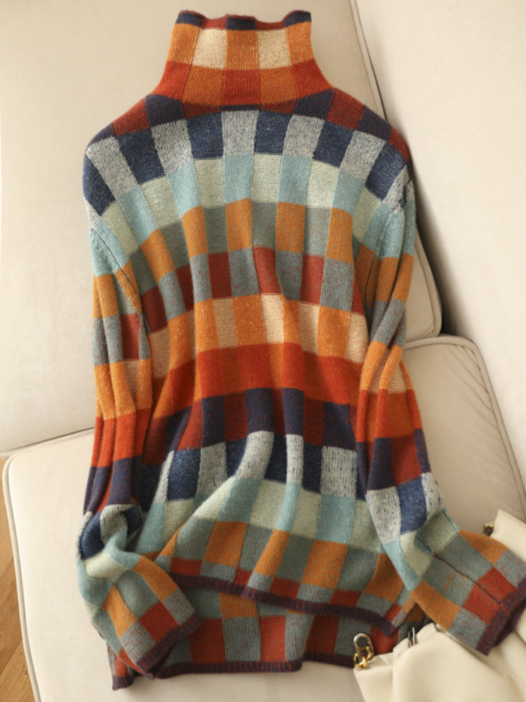 Vibrant Plaid Pullover mit Rollkragen für Frauen