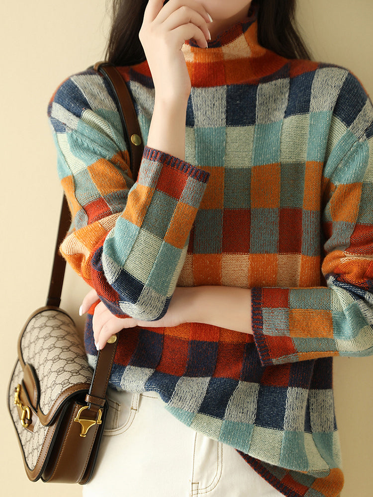 Vibrant Plaid Pullover mit Rollkragen für Frauen