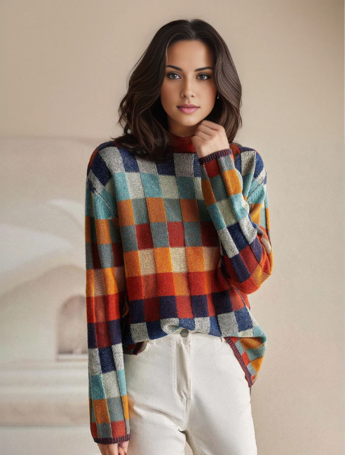 Vibrant Plaid Pullover mit Rollkragen für Frauen