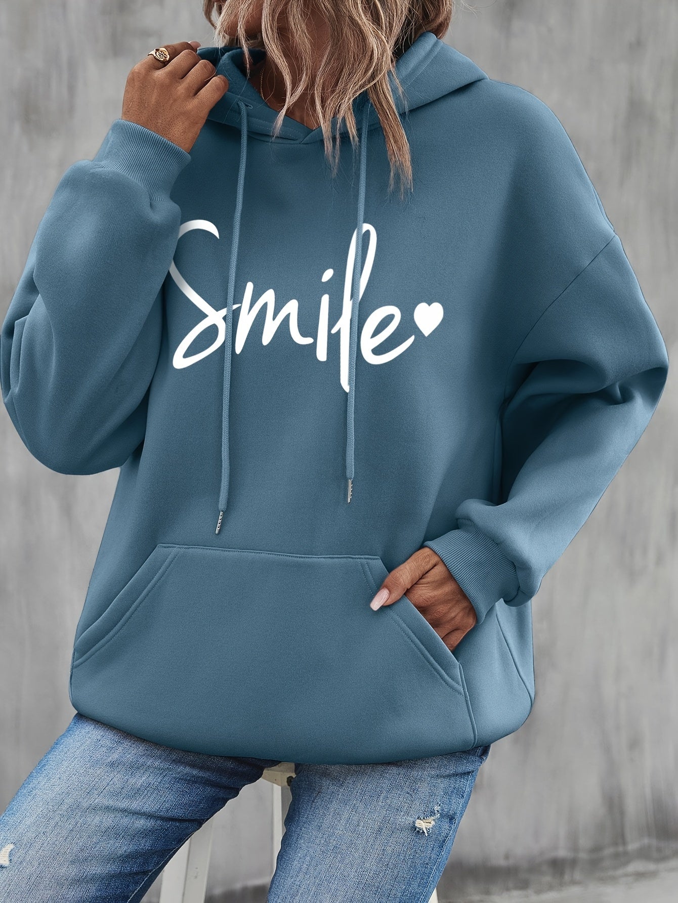 Schicker & gemütlicher Smile Print Hoodie mit Kordelzug für Frauen