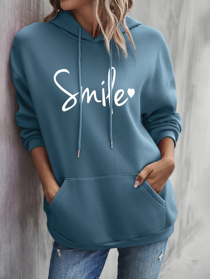 Schicker & gemütlicher Smile Print Hoodie mit Kordelzug für Frauen