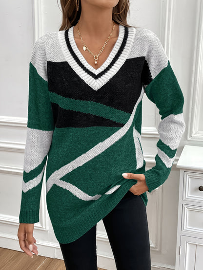 Modischer Color Block V-Ausschnitt Pullover