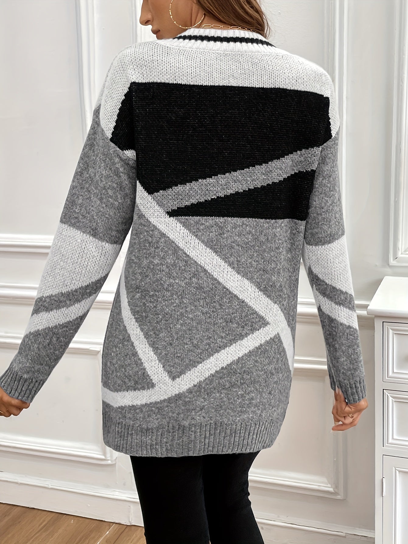 Modischer Color Block V-Ausschnitt Pullover