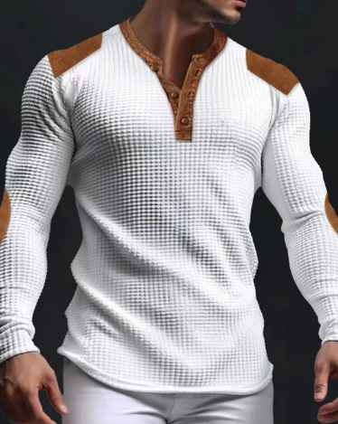 Modisches Herren-Henley-Shirt mit Waffelstrick und Patchwork-Schultern