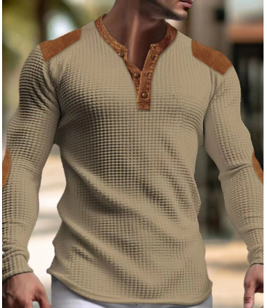 Modisches Herren-Henley-Shirt mit Waffelstrick und Patchwork-Schultern