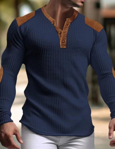 Modisches Herren-Henley-Shirt mit Waffelstrick und Patchwork-Schultern