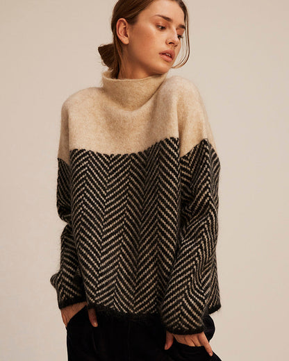 Luxuriöser Damen-Rollkragenpullover mit Zweifarbdesign